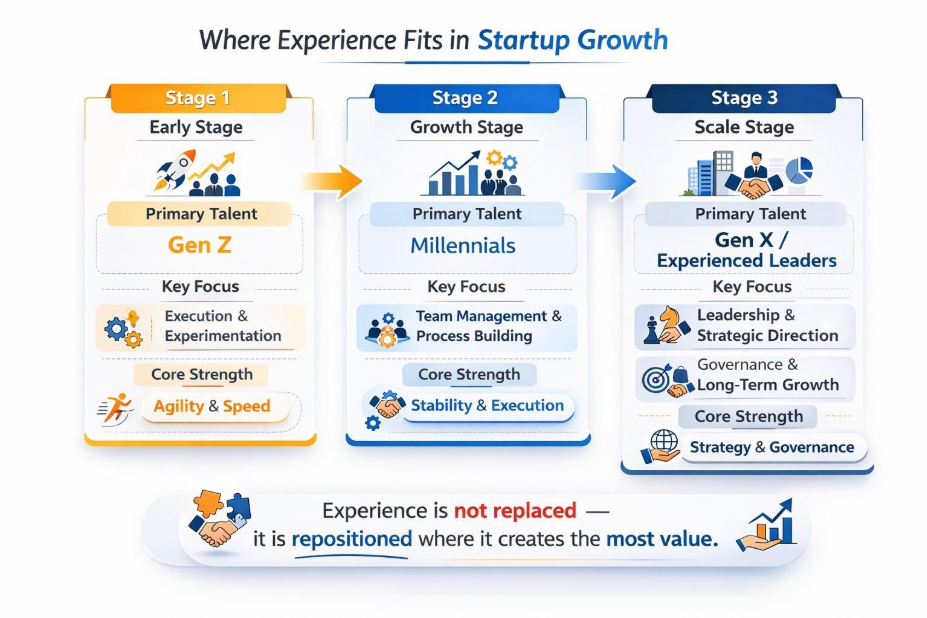 Infographic showing 3 startup stages: early (Gen Z, agility), growth (Millennials, execution), scale (Gen X, strategy).