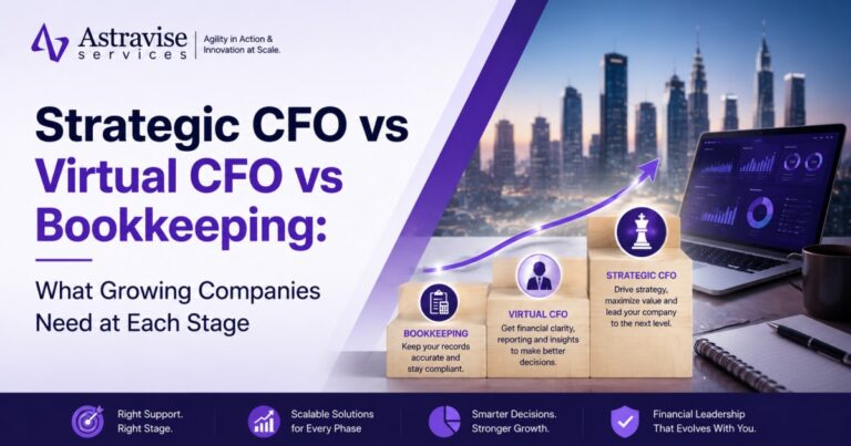 Strategic CFO vs virtual CFO vs bookkeeping comparison cover showing three ascending service tiers on a growth curve