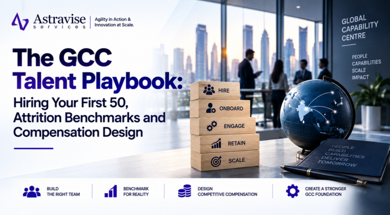 GCC Talent Playbook guide cover showing hire, onboard, engage, retain and scale blocks with a globe and city skyline
