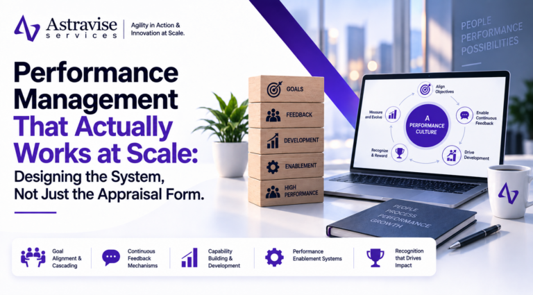 Performance management at scale guide cover showing blocks for goals, feedback, development and enablement beside a performance culture dashboard