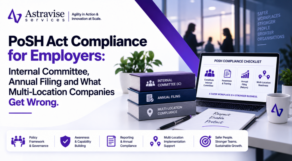 PoSH Act compliance for employers guide cover showing an Internal Committee, annual filing and multi-location compliance checklist on a laptop